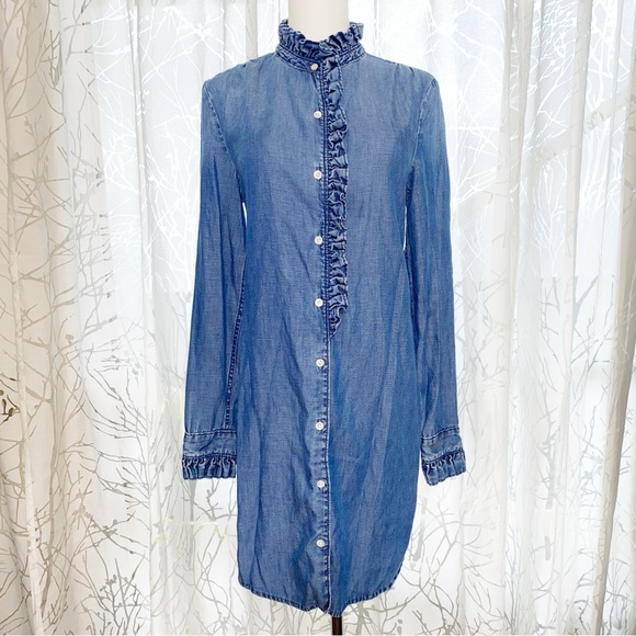 Frame Denim Dresses & Skirts - FRAME DENIM BLUE JEAN RUFFLE LONG SLEEVE BUTTON DOWN SHIRT DRESS